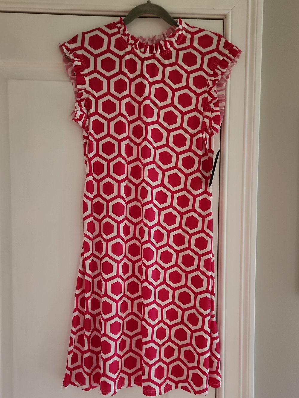 Tiana B. Pink & White Geo Ruffle Neck Dress, Womens, Sz S